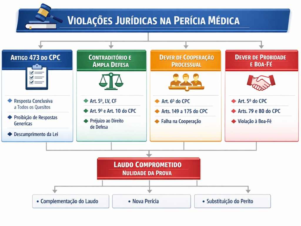 Quando o perito não responde aos quesitos ou os responde de forma vaga, a impugnação deve ser construída com base no artigo 473 do CPC e nos princípios do contraditório, ampla defesa, cooperação, probidade e boa-fé.